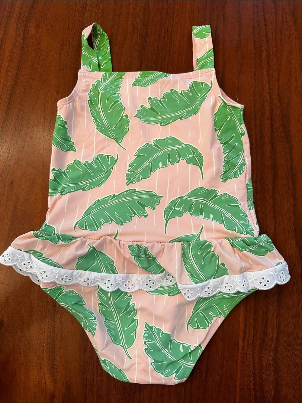 TBBC Girls Pink Tropical Leaf Ruffle One-Piece Swimsuit size 5